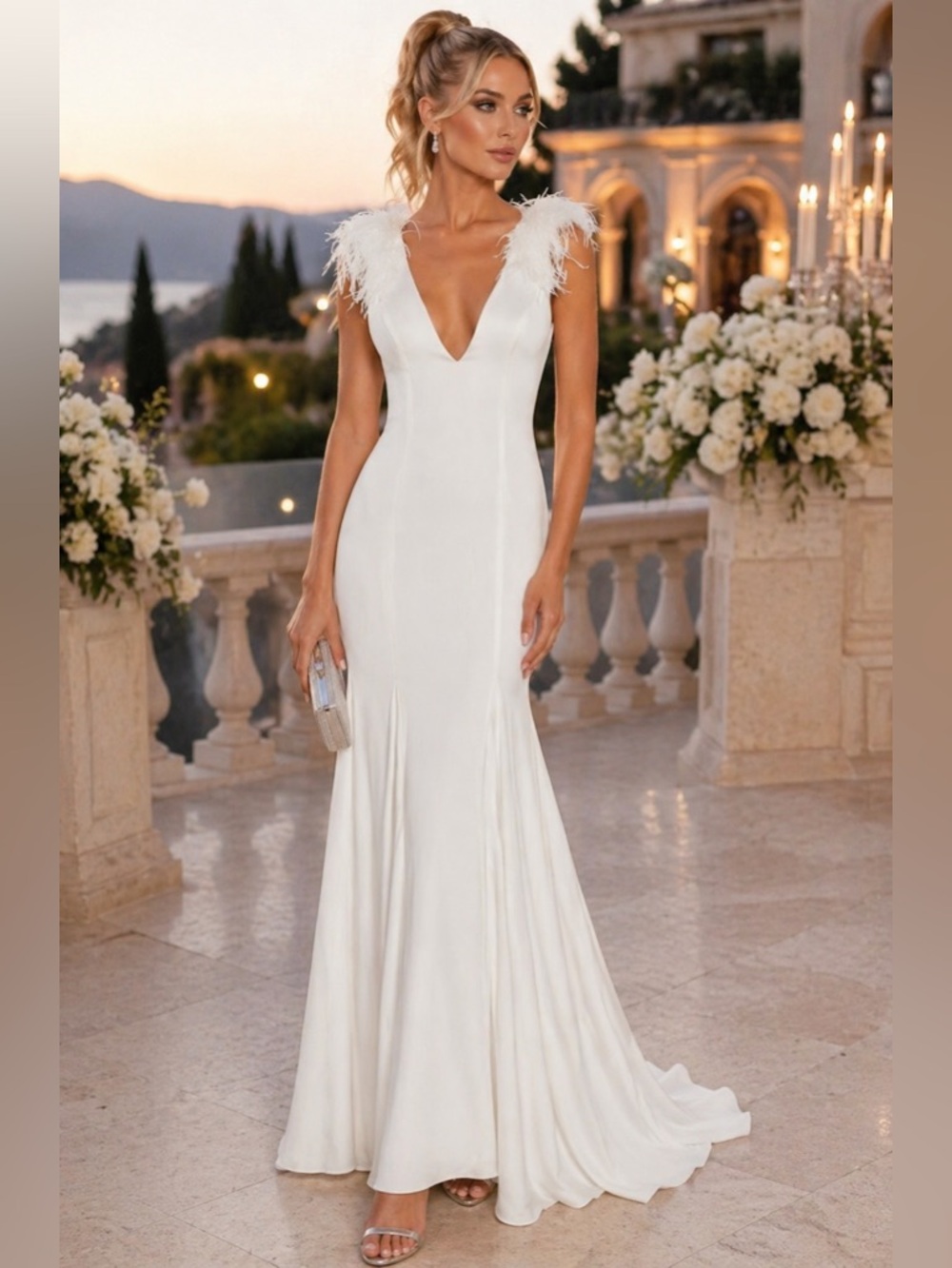 Mac Duggal 68137 FEATHER SHOULDER V-NECK COLUMN GOWN NWT